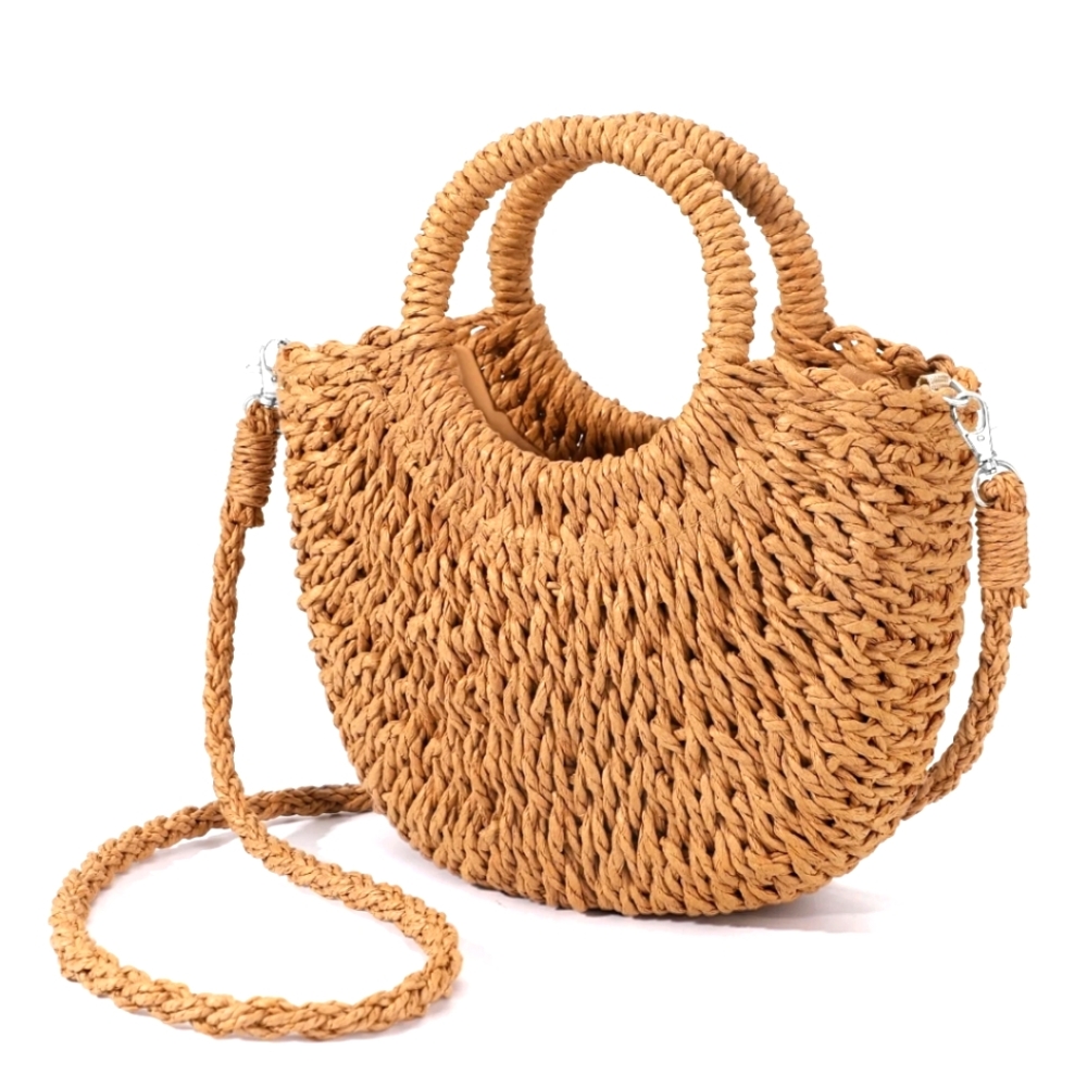 Chic Tan Woven Vacation Handbag Purse